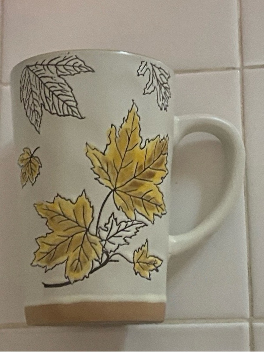 Eli + Ana Coffee Cup Mug Leaves Leaf Print White Yellow Brown 5.5” H Tall